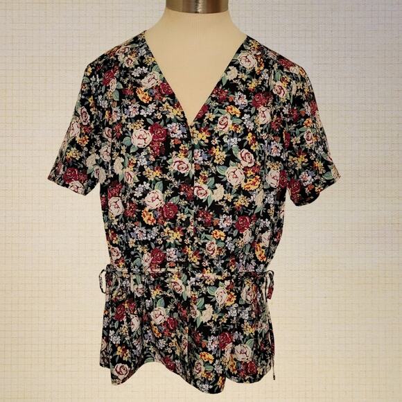 Floral Cinched Waist Blouse Deep V Neck Short Sleeve Pleione Medium - Picture 1 of 9